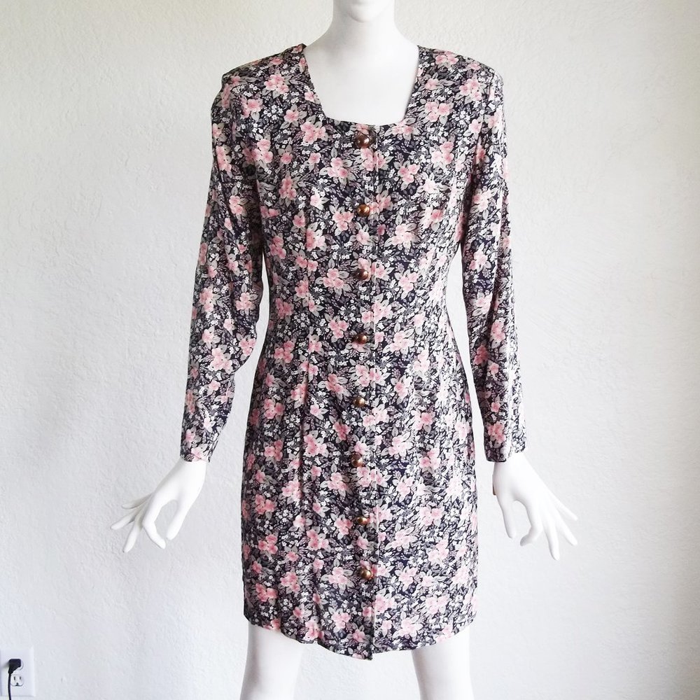Vintage 80s 90s Button Front Floral Day Dress M 10